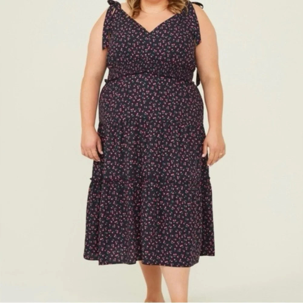 Arula Size 1X (A) - Navy Cherry Print Ruffle Midi Dress NEW no tags tiered